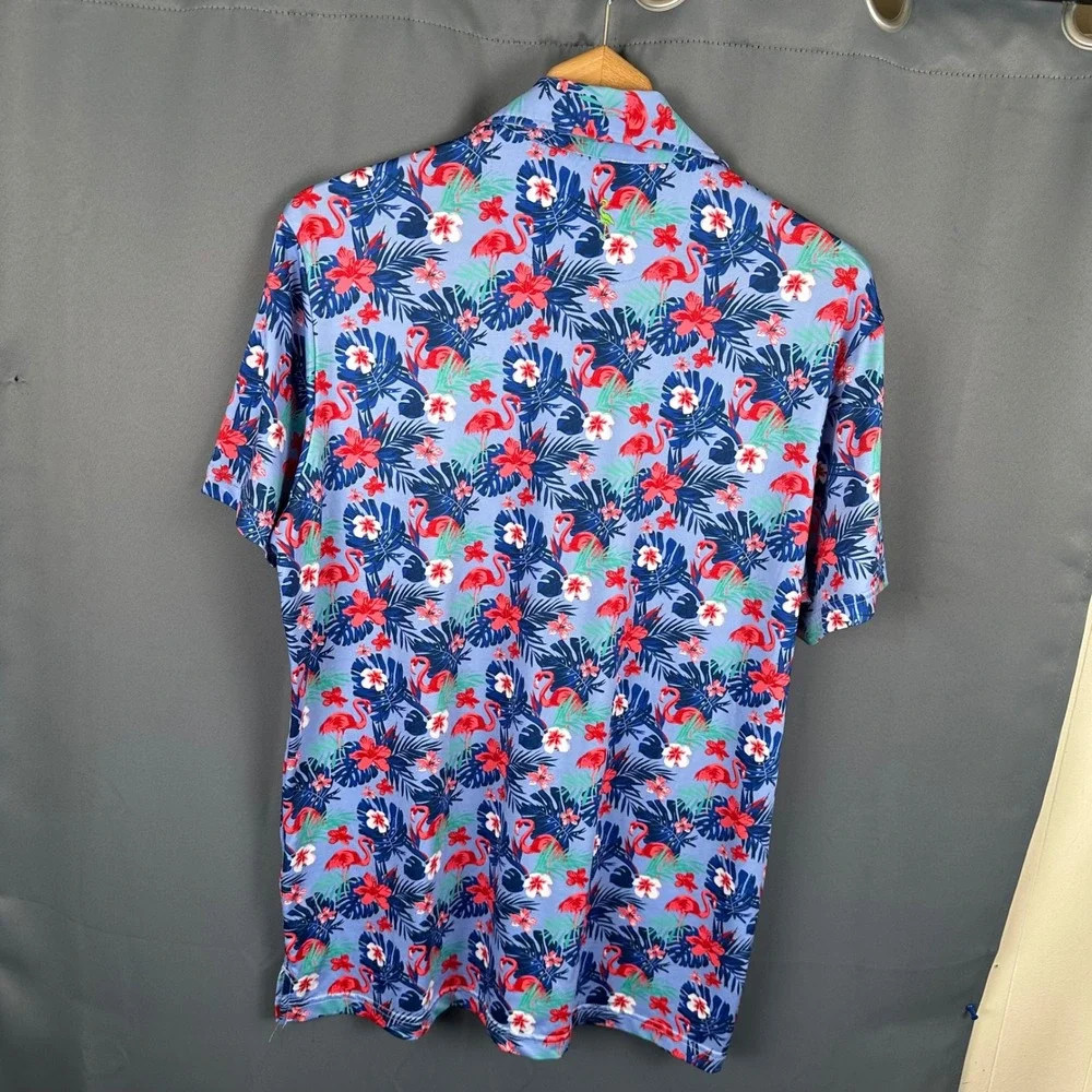 TailorByrd Mens Flamingo Tropical Floral Golf Polo Shirt Blue Medium